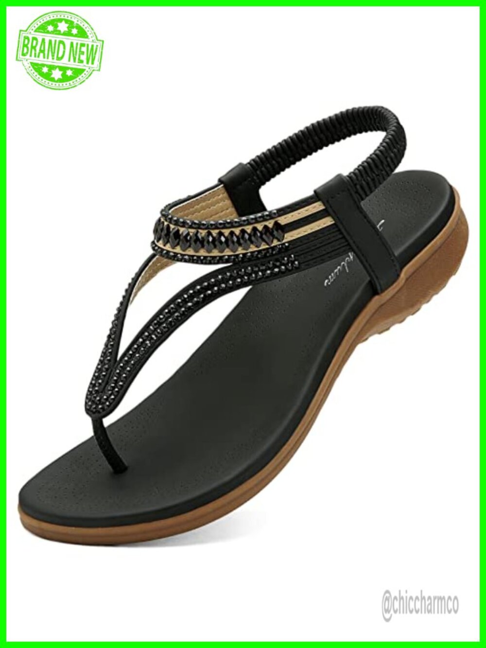 Arch Support Sandals with Rhinestone T-Strap Elastic Back Slip On